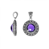 Handmade Amethyst Quartz round pendant in sterling silver with Balinese engraved artistry.